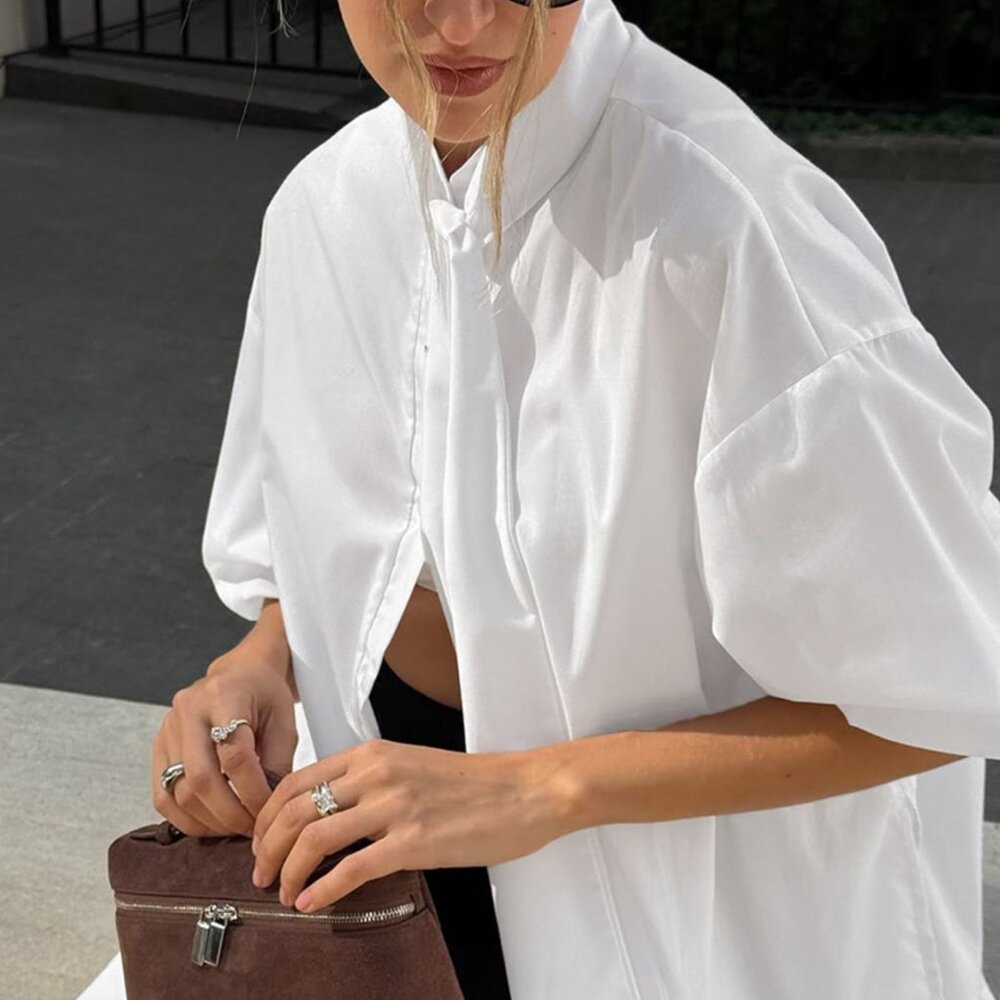 Tied Button Up Puff Sleeve Shirt - Picture 3 of 8